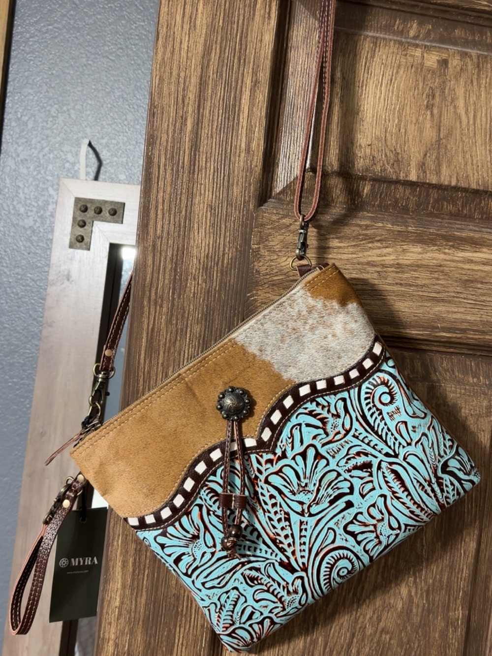 Turquoise Tooled Leather Crossbody Bag with Brown Suede Accents